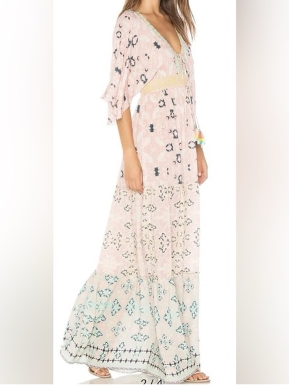 HEMANT & NANDITA Pale Pink Printed V-Neck Maxi Dress with Mint Accents